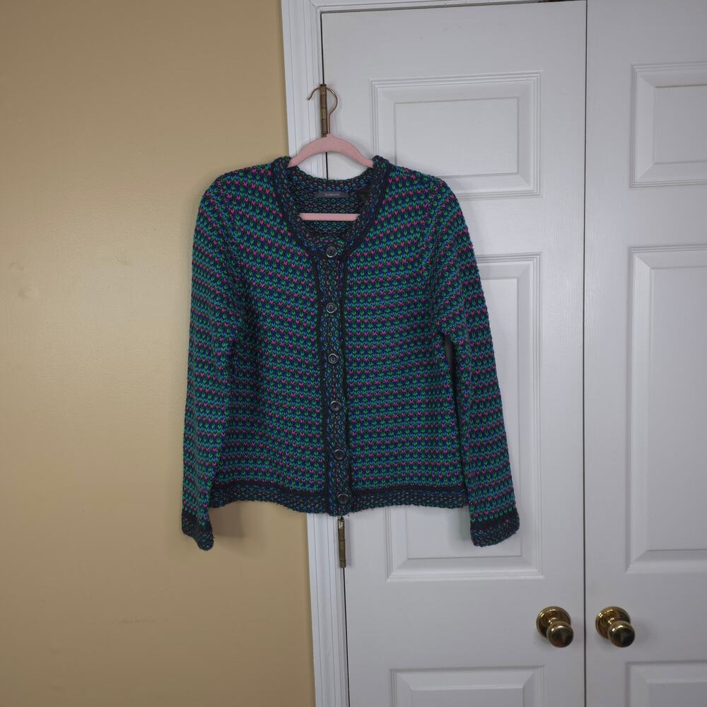 Vintage Liz Claiborne Chunky Knit Cardigan Sweater Teal Multi Pattern XL
